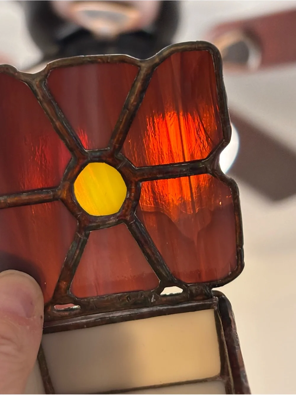 Handmade Stained Glass Trinket Ring Box Purple Flower Yellow Center 2” X 2” Box